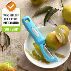 Spring Chef Premium Swivel Peeler swivel action glides smoothly along produce