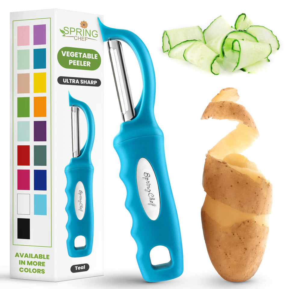 Spring Chef Premium Swivel Peeler with teal handle for effortless peeling
