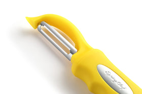 Spring Chef swivel peeler compact storage with hanging hole for easy stowaway