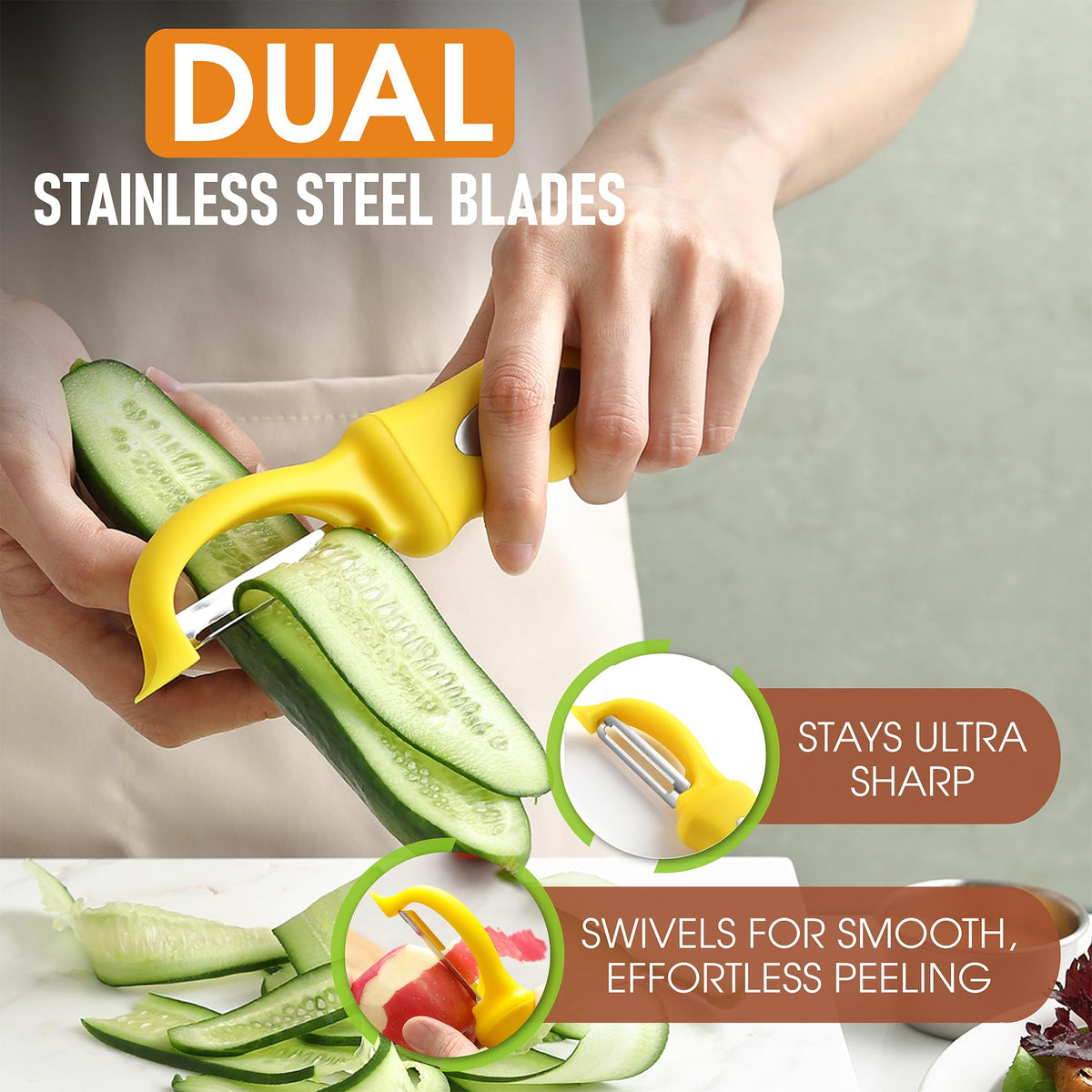 Spring Chef swivel peeler soft-grip handle provides comfortable peeling