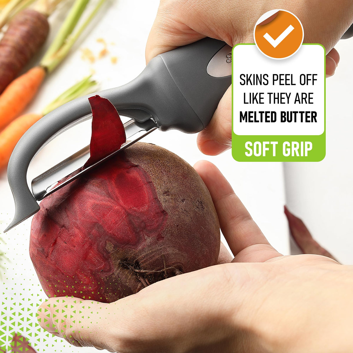 Spring Chef Premium Swivel Vegetable Peeler built-in blemish remover for clean prep.