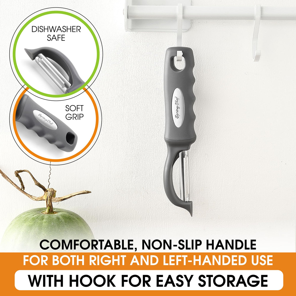 Spring Chef Premium Swivel Vegetable Peeler dishwasher safe for easy cleanup.