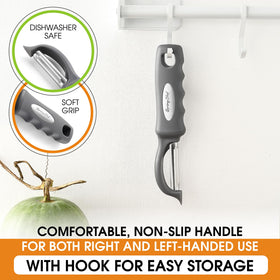 Spring Chef Premium Swivel Vegetable Peeler dishwasher safe for easy cleanup.