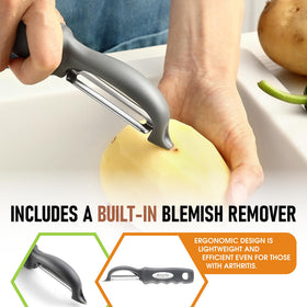 Spring Chef Premium Swivel Vegetable Peeler smooth glide design prevents peel clogging.