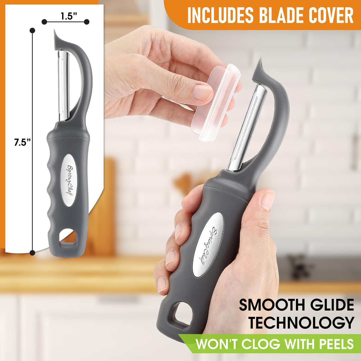 Spring Chef Premium Swivel Vegetable Peeler swivel head glides smoothly across produce.