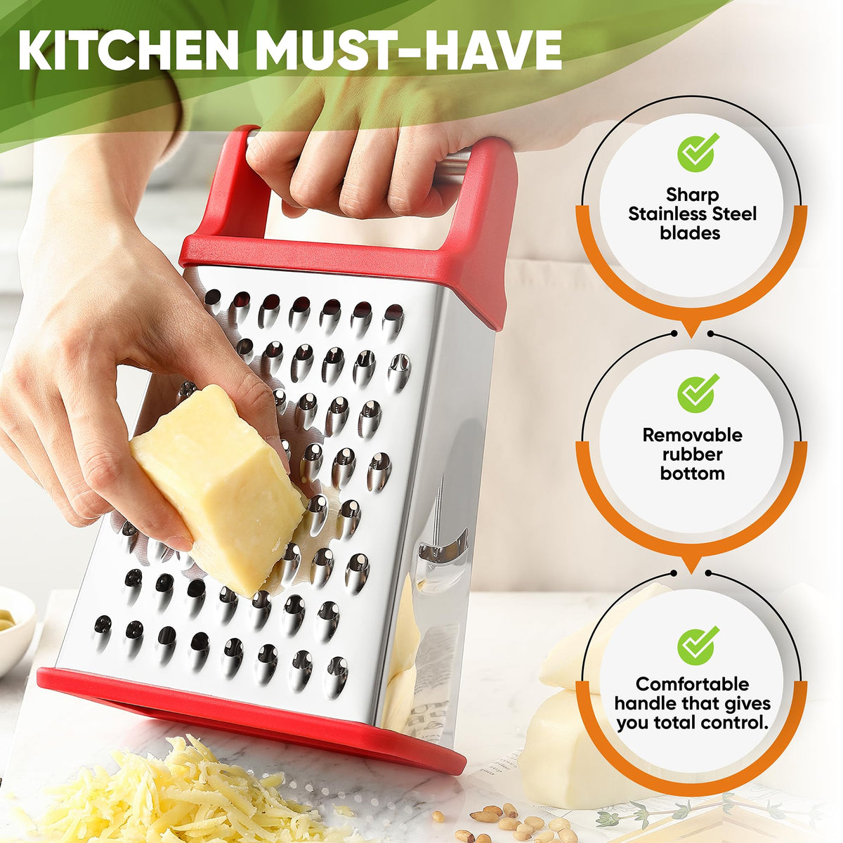 Spring Chef grater coarse grate for hard cheeses and robust vegetables.