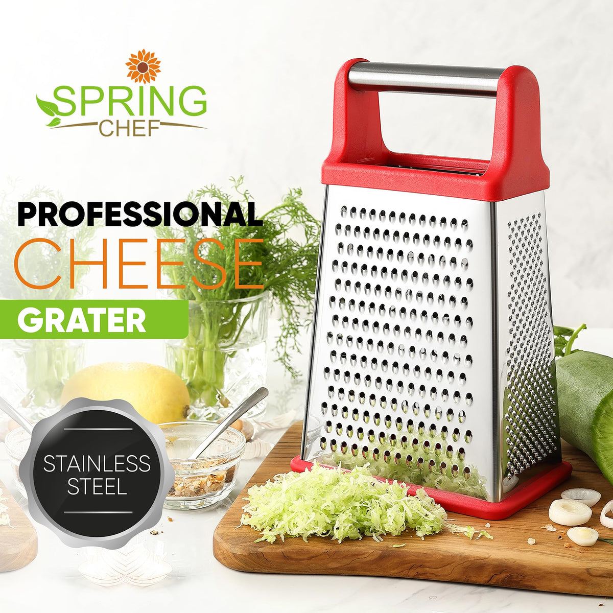 Spring Chef Professional Cheese Grater extra-wide opening enables quick cheese prep.
