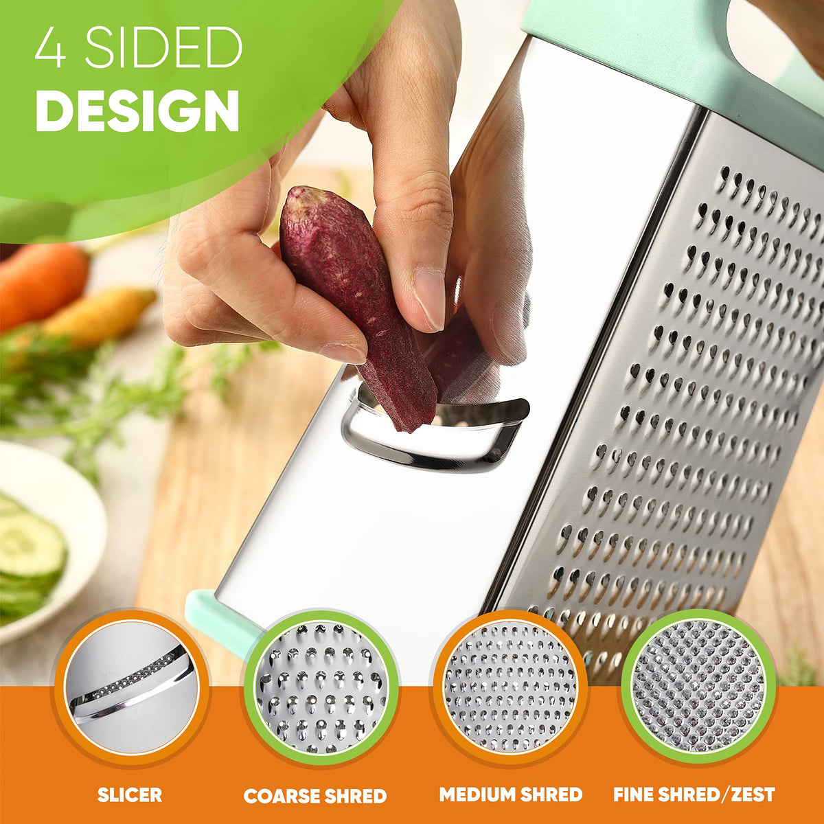 Spring Chef Professional grater shredding parmesan over pasta for fine-to-coarse results