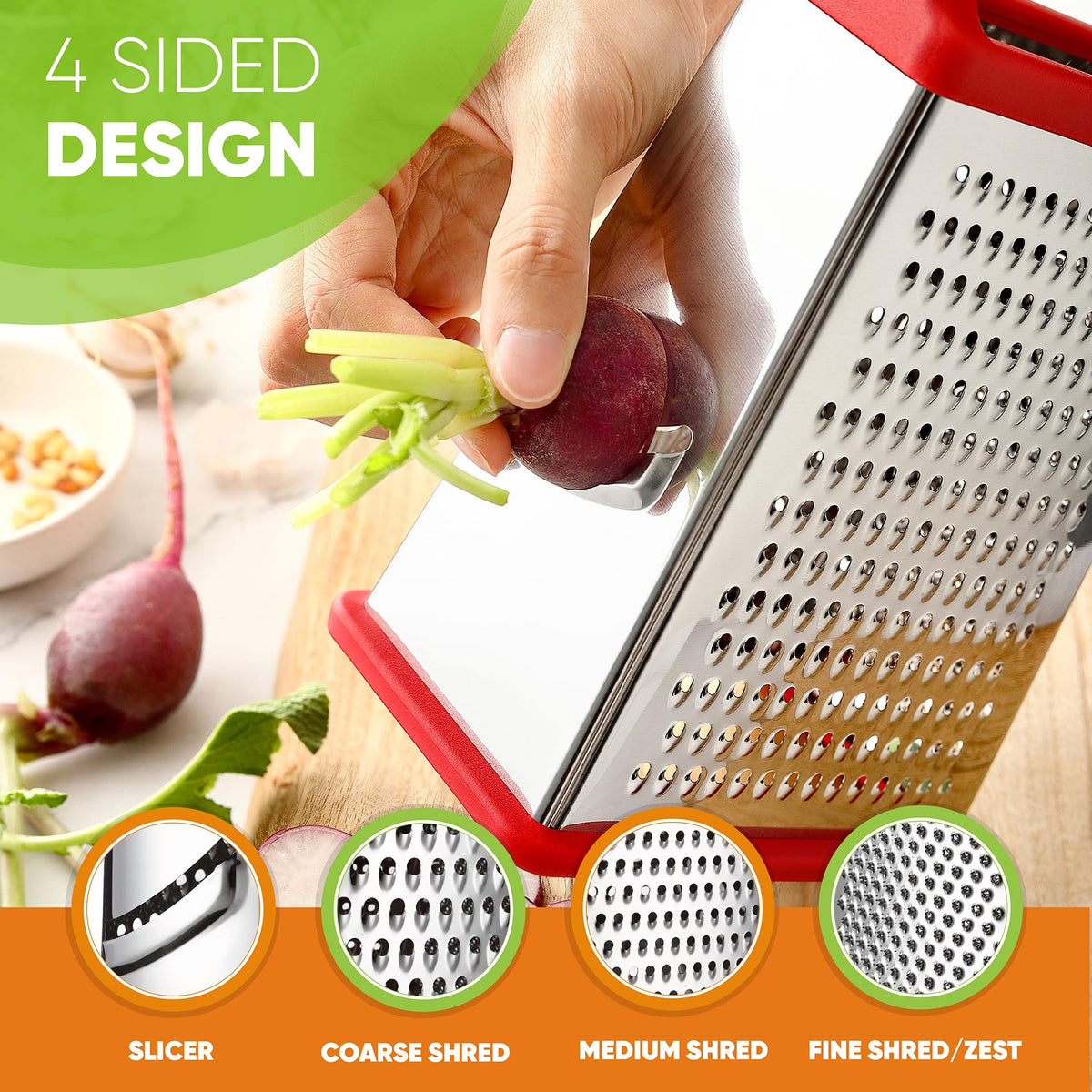 Spring Chef grater slicer for even cucumber and zucchini slices.