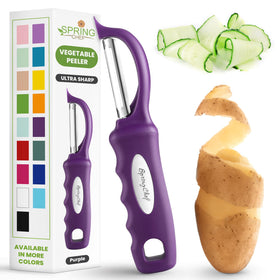Spring Chef Professional Purple Swivel Peeler blade close-up for precise peeling.