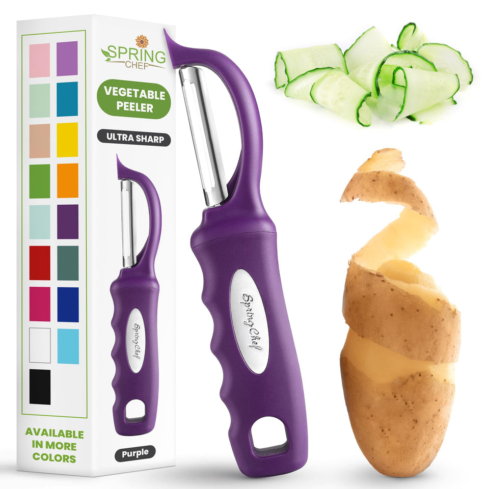 Spring Chef Professional Purple Swivel Peeler blade close-up for precise peeling.
