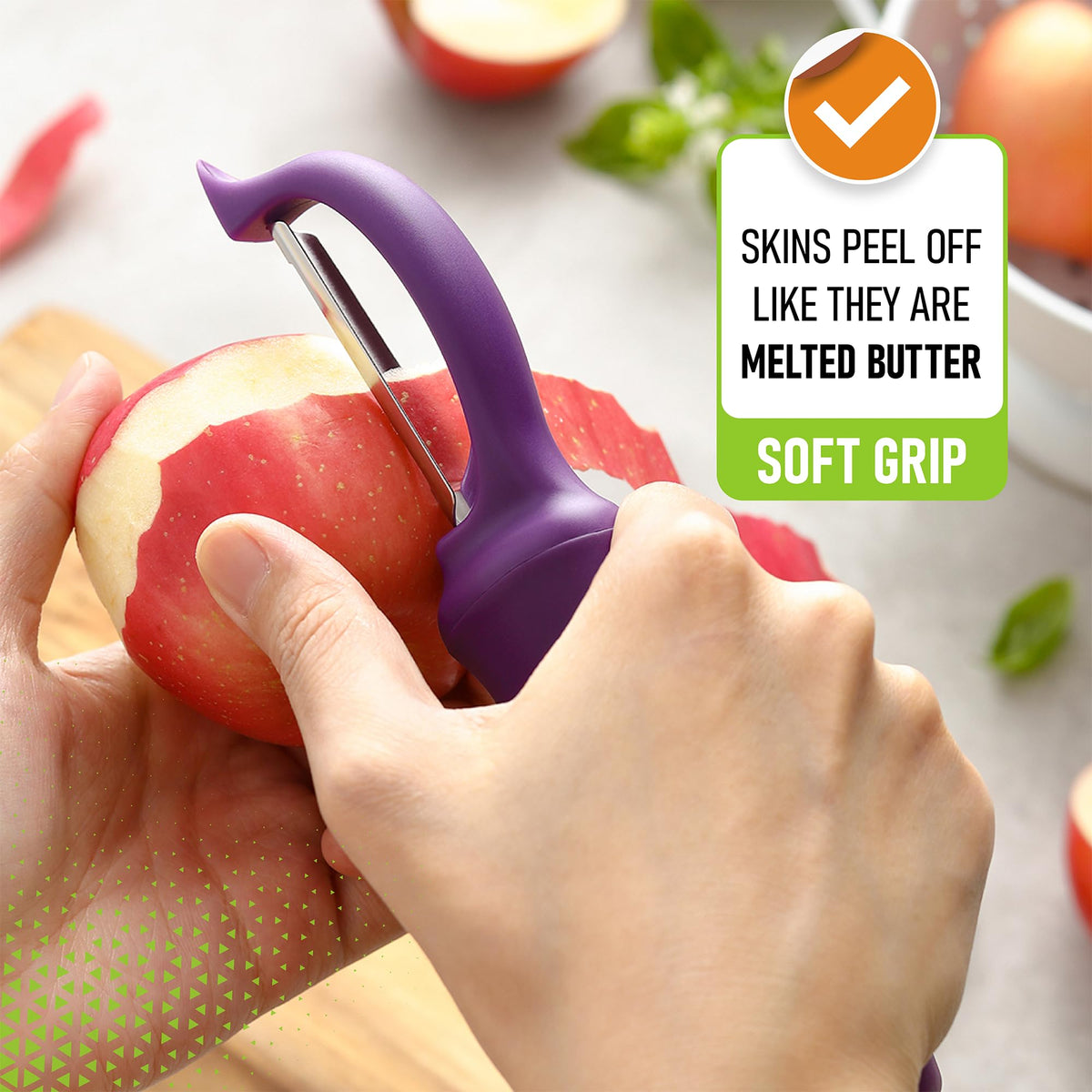 Spring Chef Purple Swivel Peeler dishwasher safe for easy cleaning.