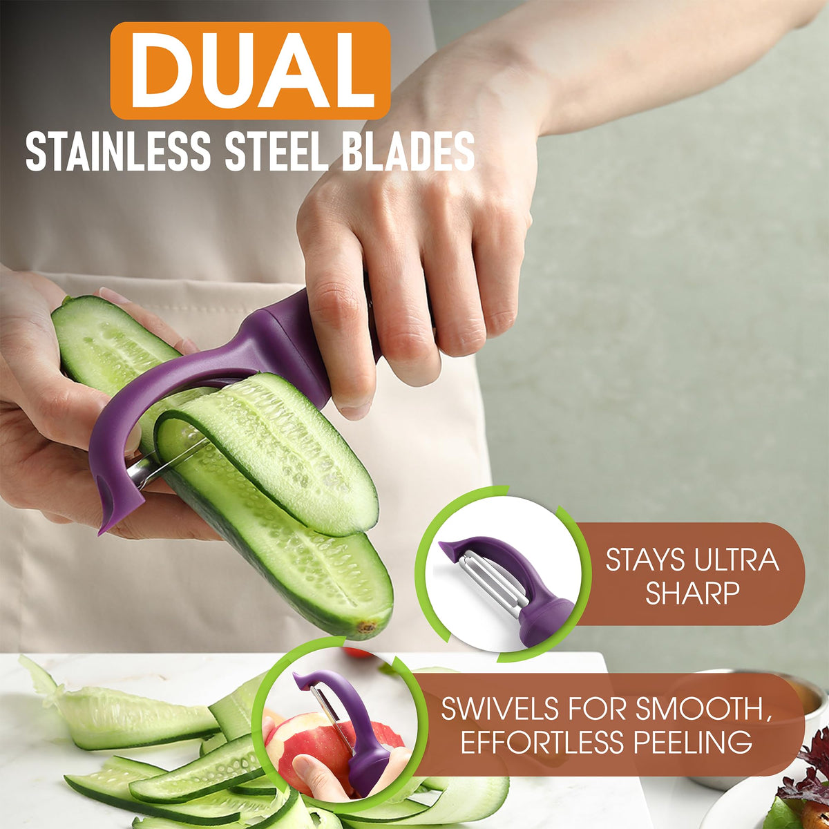 Spring Chef Purple Swivel Peeler ergonomic handle for comfortable control.