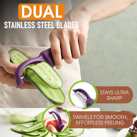 Spring Chef Purple Swivel Peeler ergonomic handle for comfortable control.