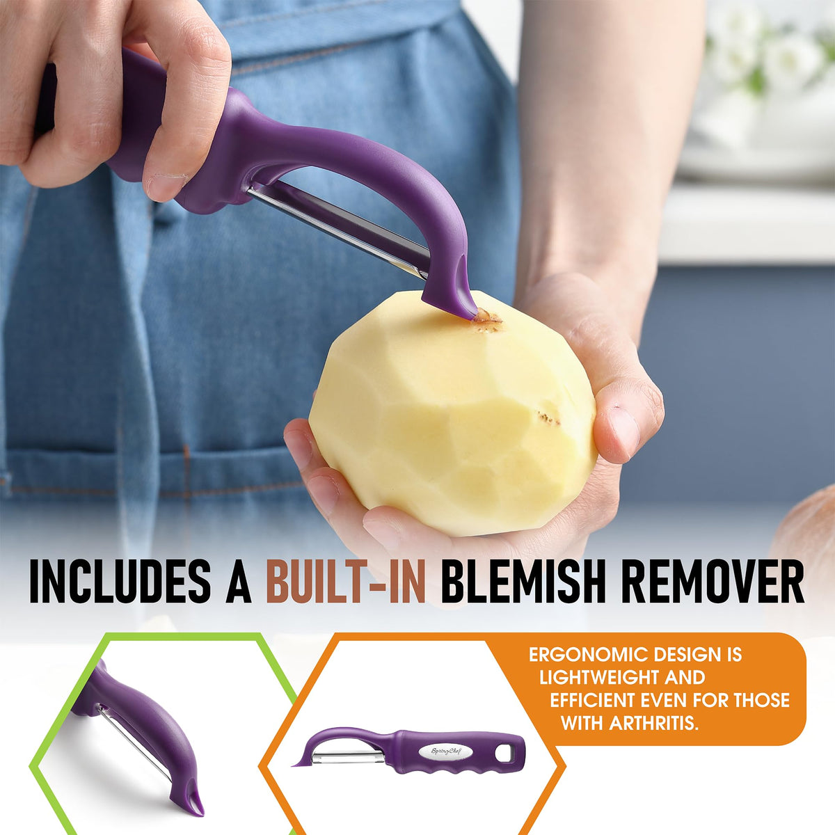 Spring Chef Swivel Peeler smooth glide design reduces waste during peeling.