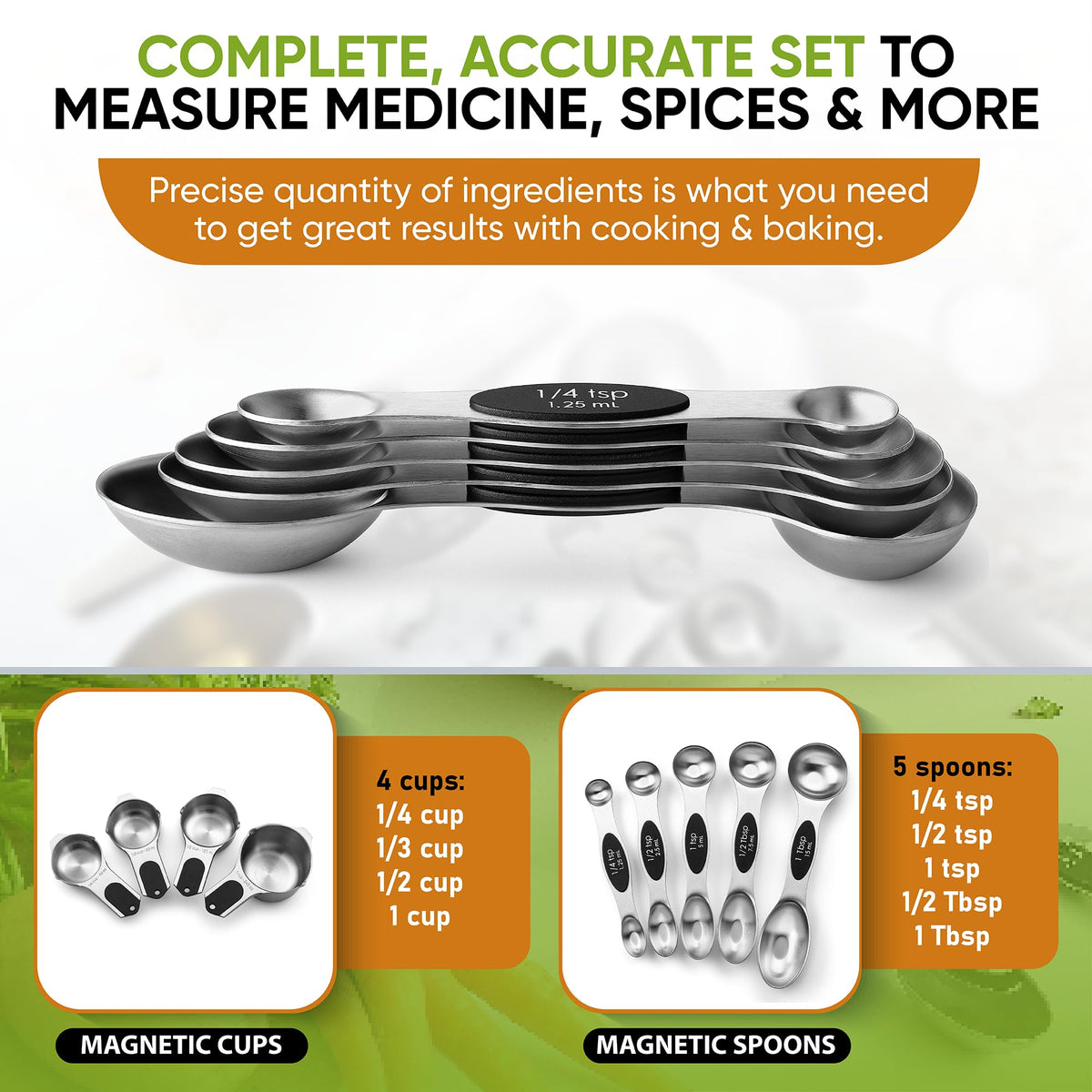 Spring Chef round 9-piece set provides complete measurements.