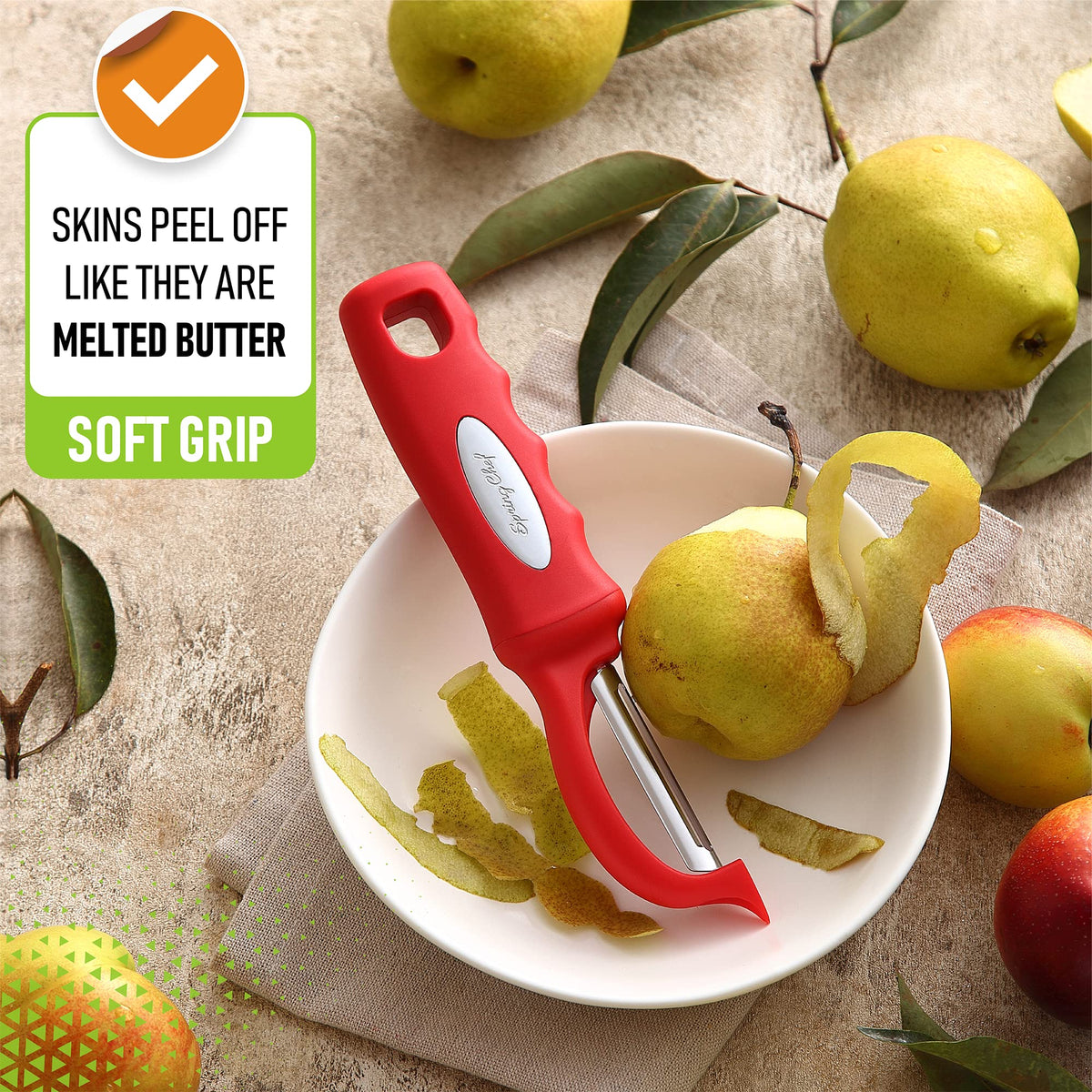 Spring Chef smooth glide technology enables quick peeling without clogging.