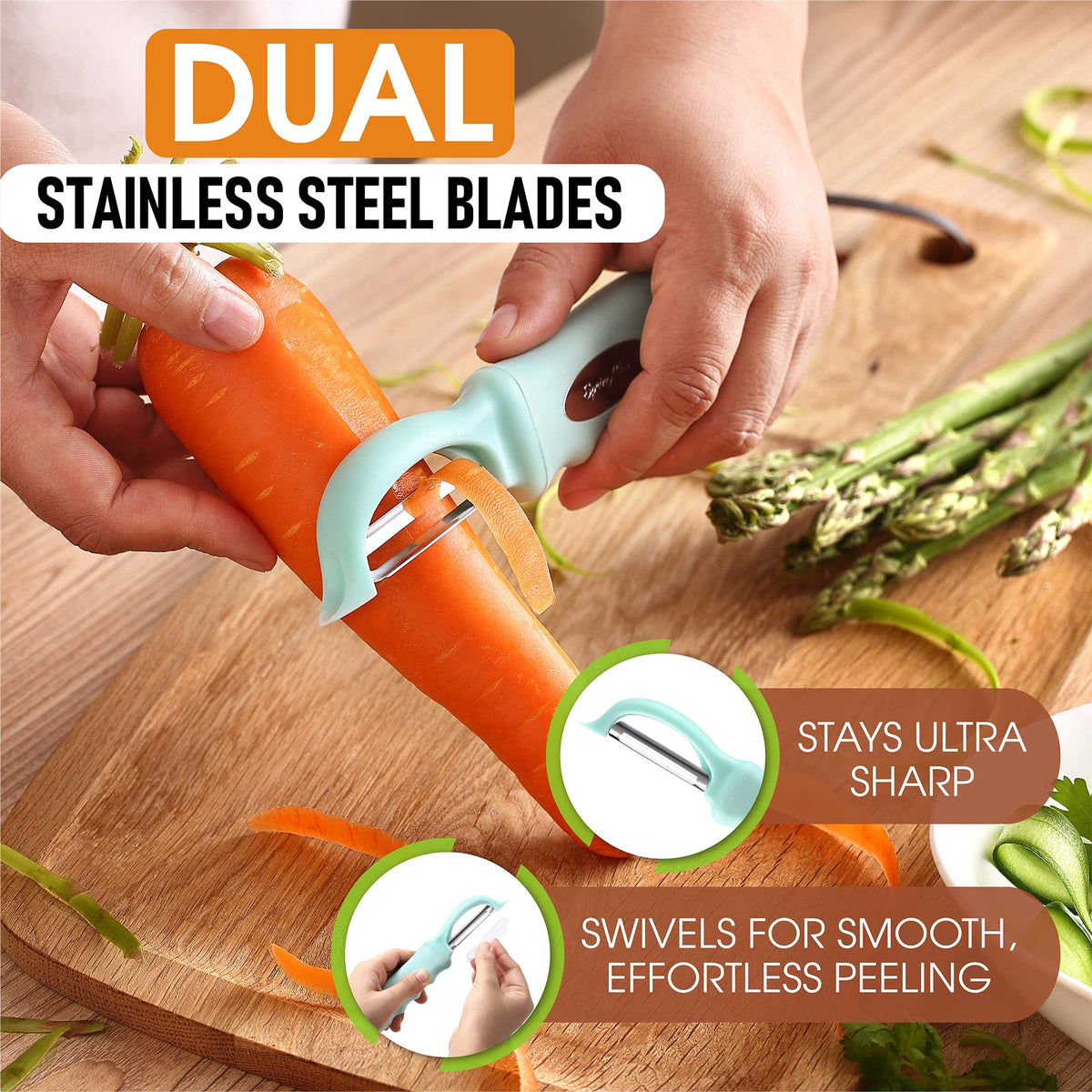 Spring Chef soft grip handle offers comfortable control for both hands.