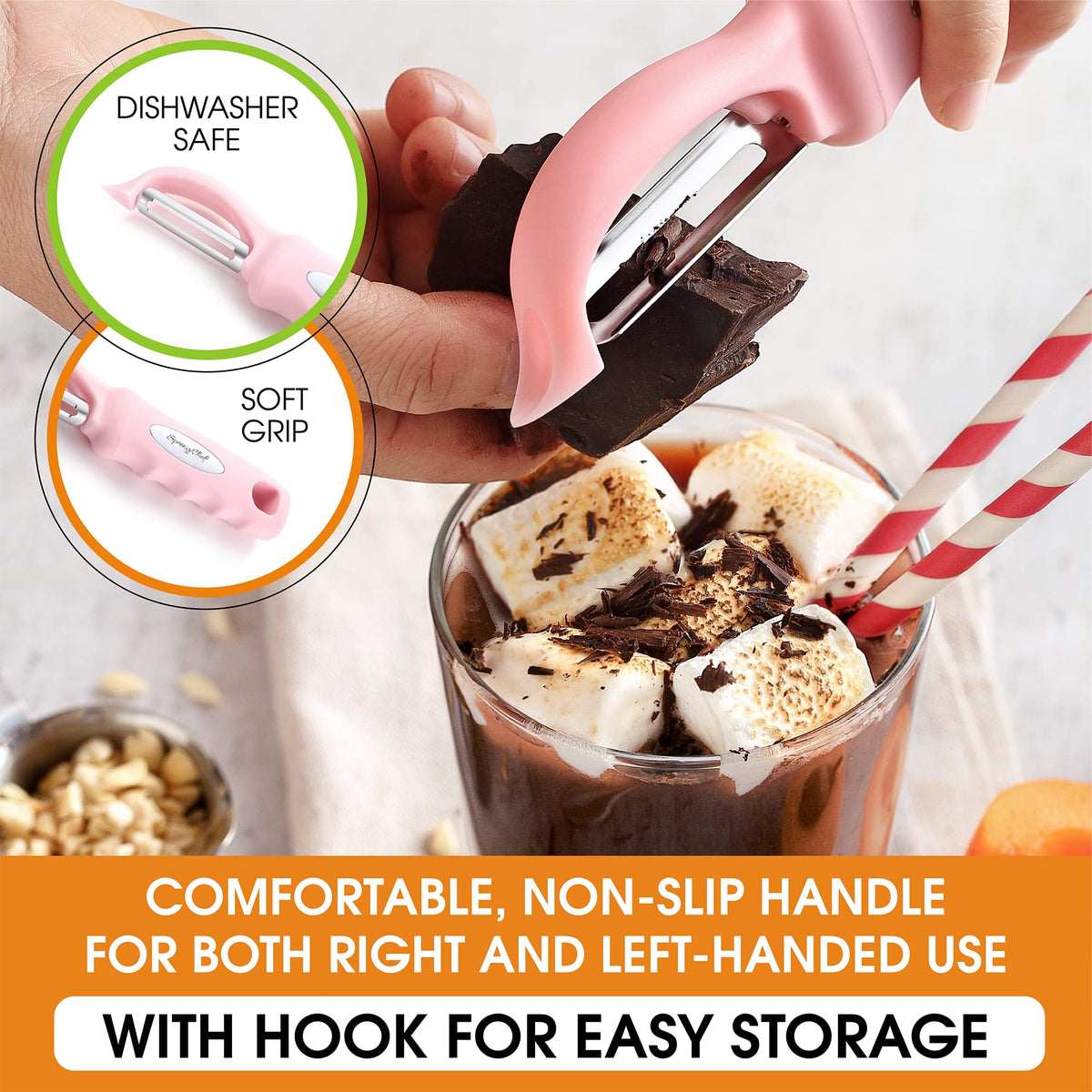 Spring Chef soft grip handle close-up conveys comfortable ergonomic control.