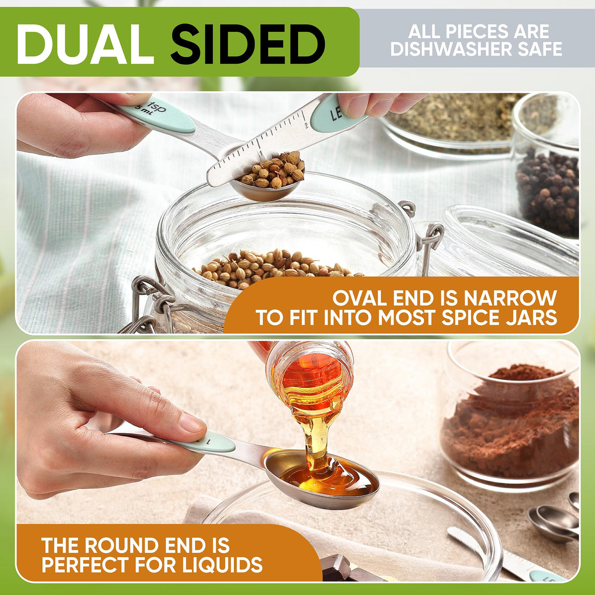 Spring Chef seven spoons in precise sizes from 1/8 tsp to 1 Tbsp.
