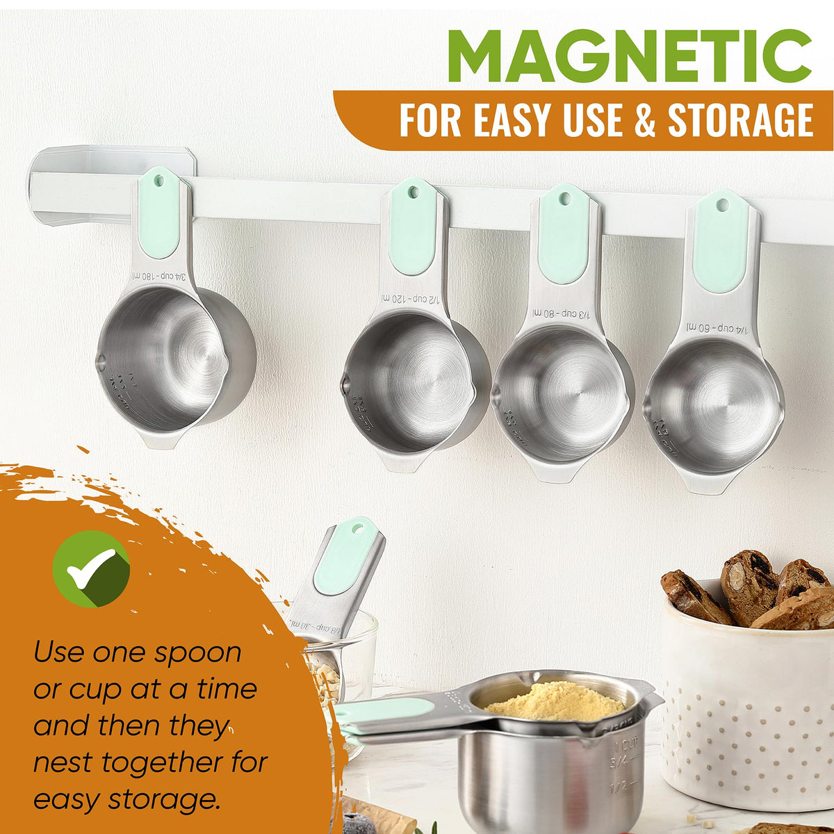 Spring Chef spoons lie flat on the counter to prevent spills.