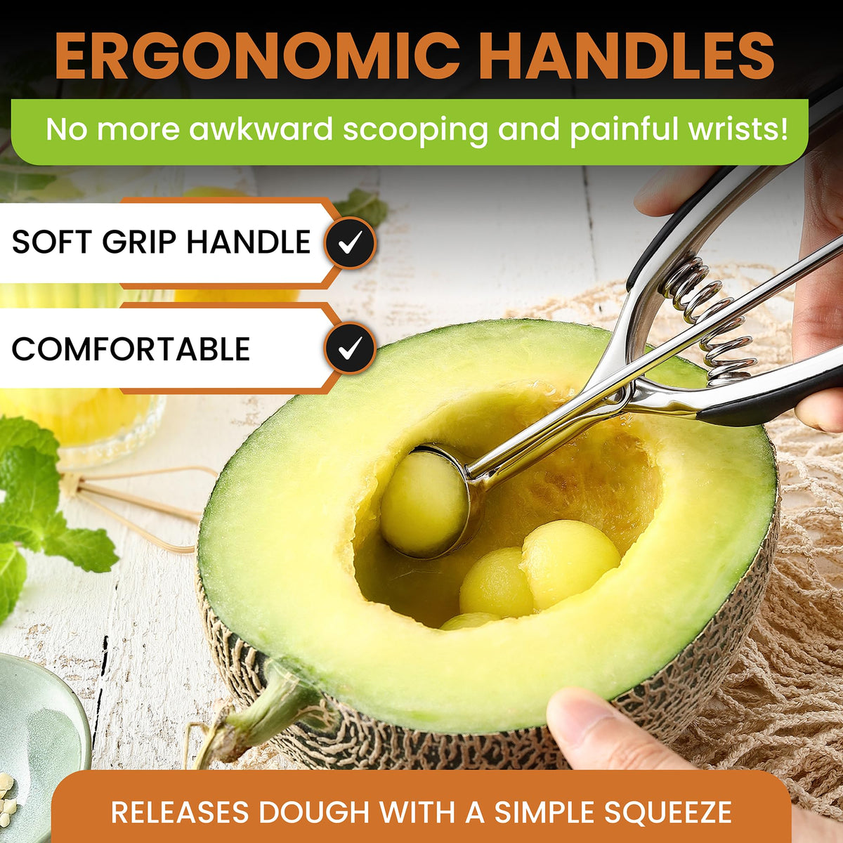 Spring Chef spring-loaded cookie scoop enables even portions.