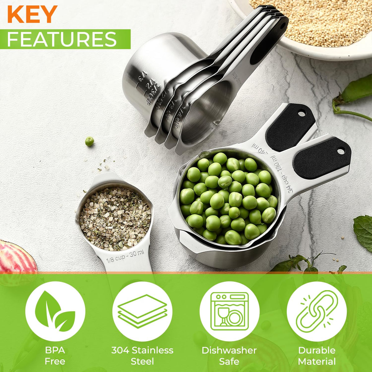 Spring Chef stainless steel cups feature durable engraved markings for easy reading.