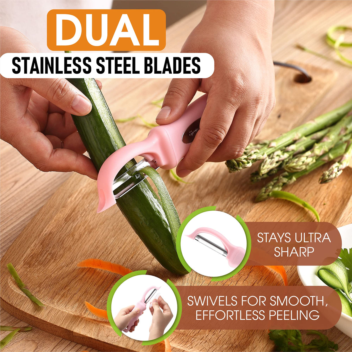 Spring Chef swivel blade close-up showcases ultra sharp stainless steel blades.
