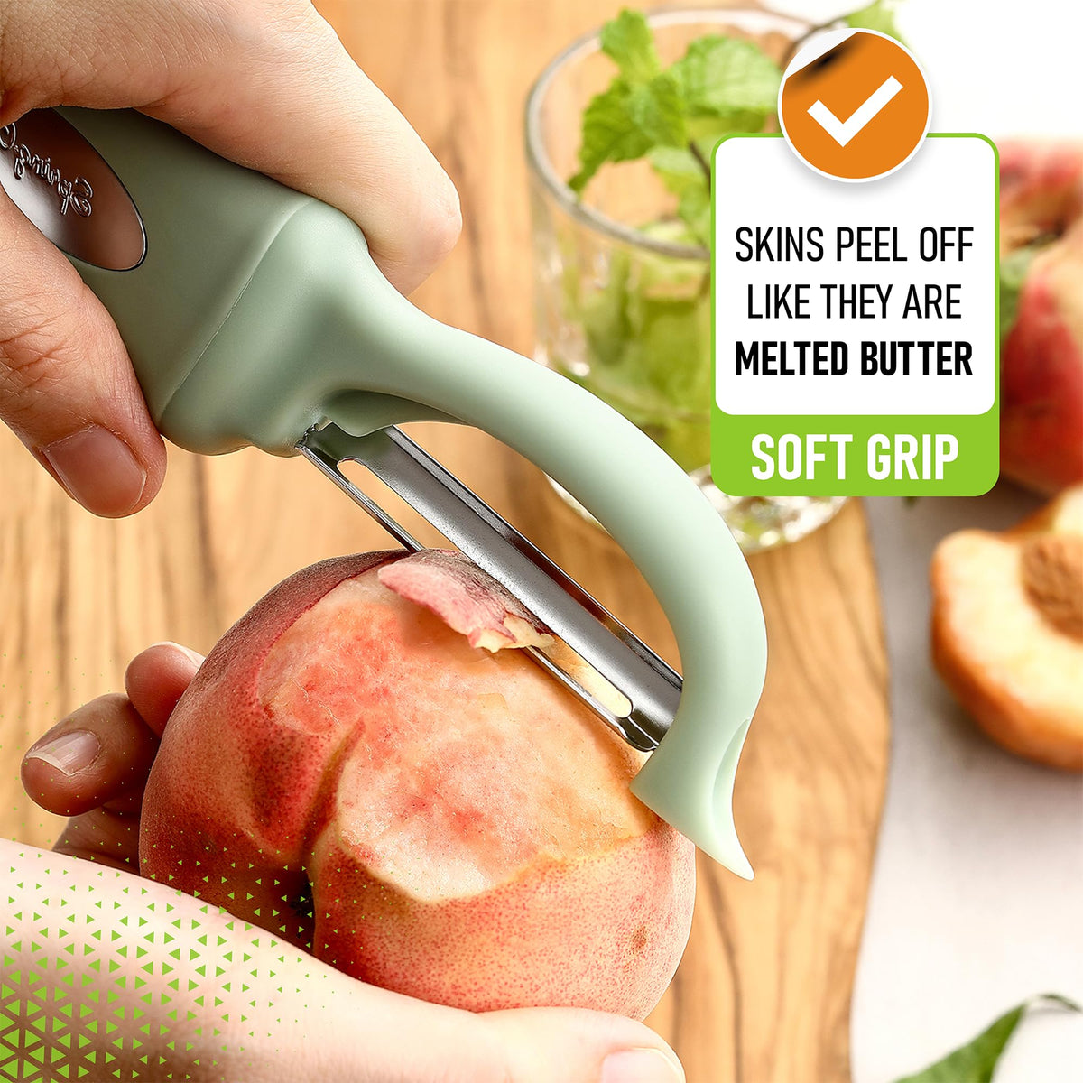 Spring Chef swivel peeler in use glides smoothly along fruit skins.