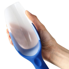 Transparent tip helps break apart clumped ice for smooth pouring into glasses.
