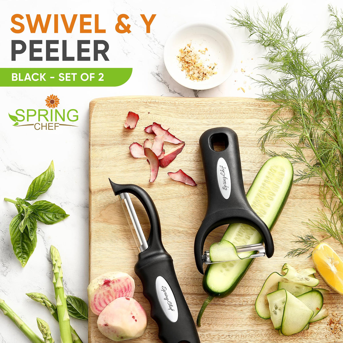Spring Chef Y peeler close-up shows ultra sharp blades for precise peeling.