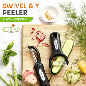 Spring Chef Y peeler close-up shows ultra sharp blades for precise peeling.