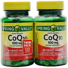 Spring Valley CoQ10 100mg softgels in bottle supporting cellular energy and antioxidants.
