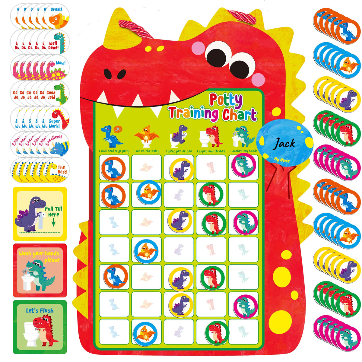 SpriteGru magnetic potty chart with dinosaurs to track progress and motivate toddlers.