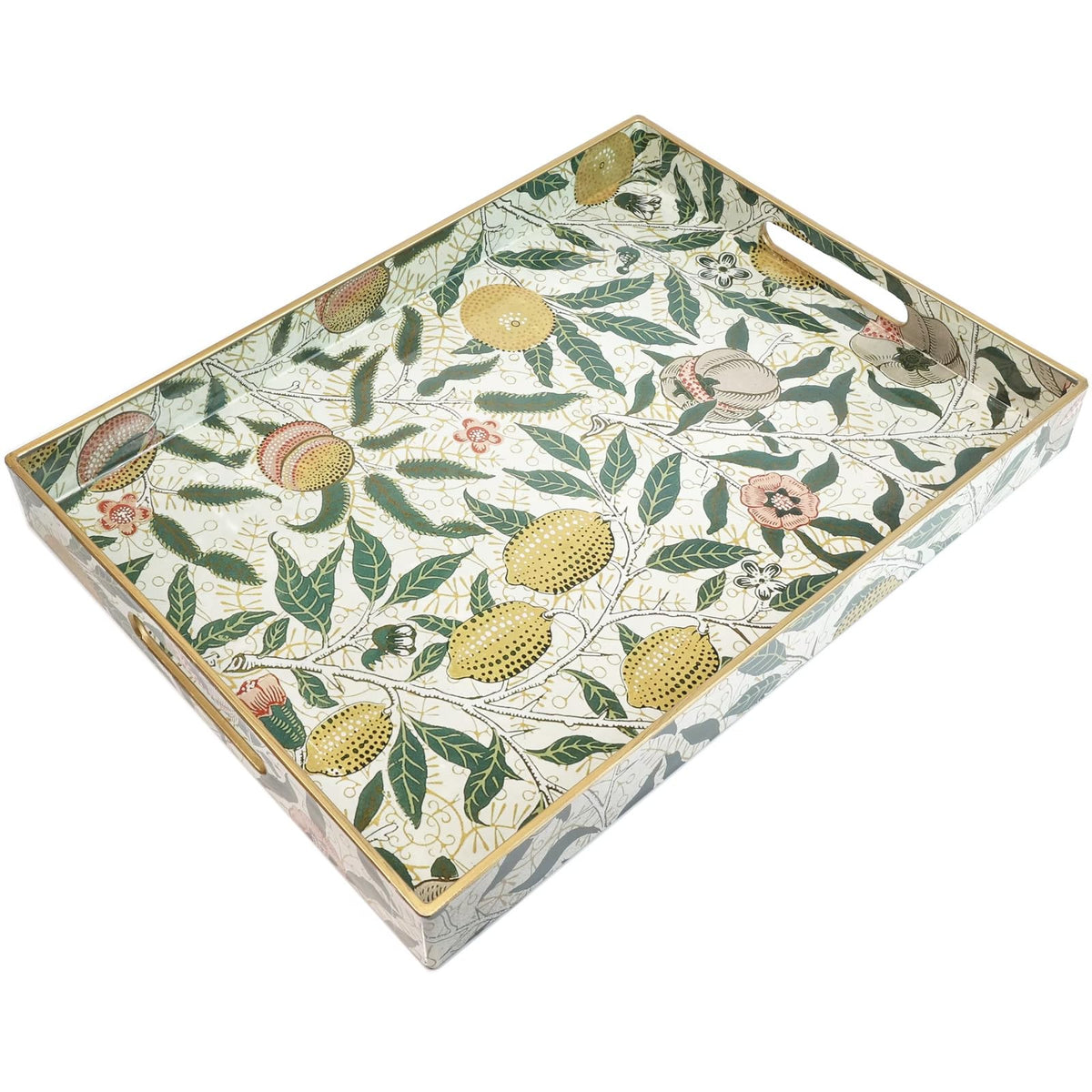Spsyrine lemon serving tray with handles for easy serving on coffee tables.
