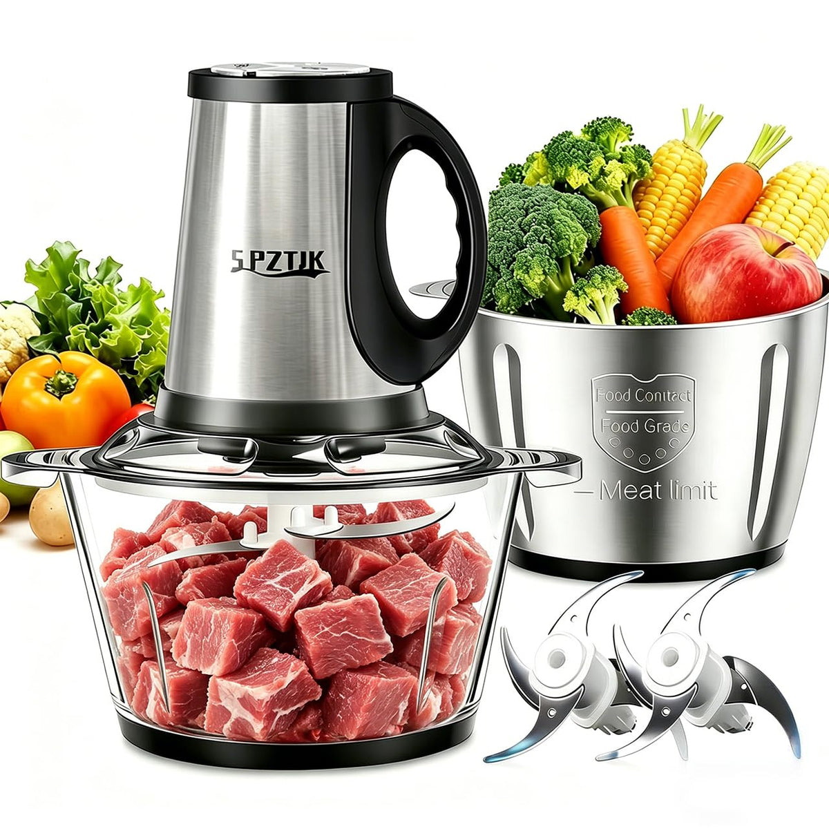SPZTJK 3 speed processor meat chopper in action for quick, even results