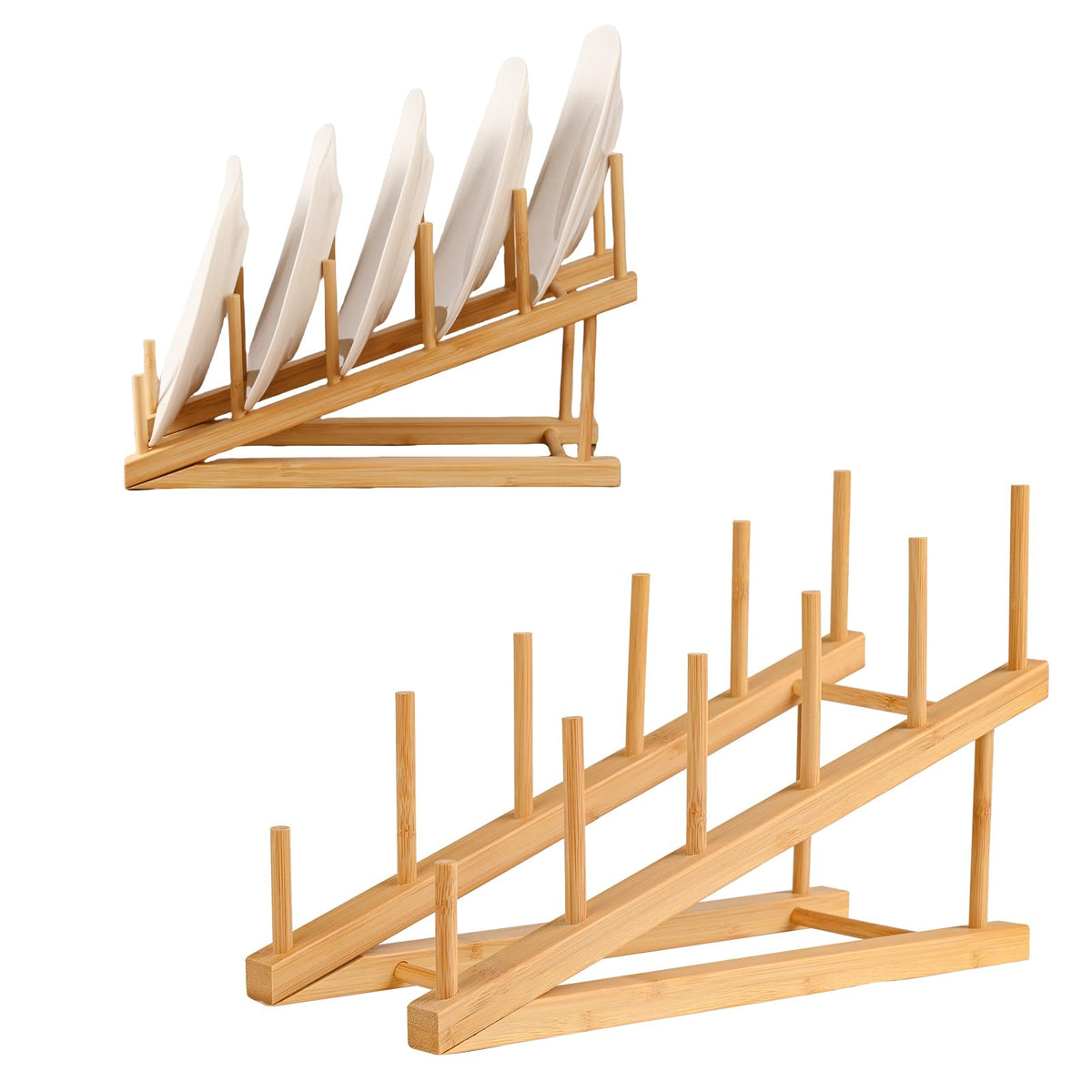 SRYESA wooden plate stand displaying plates on a kitchen counter for organized presentation