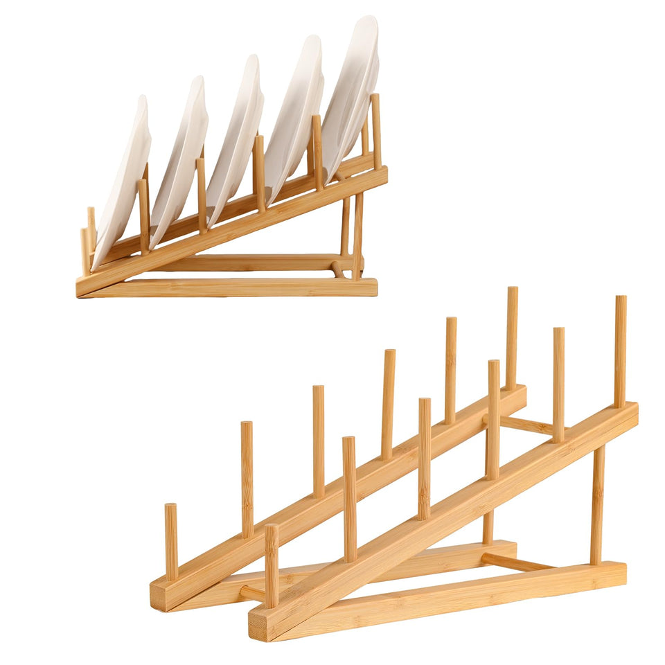 SRYESA wooden plate stand displaying plates on a kitchen counter for organized presentation