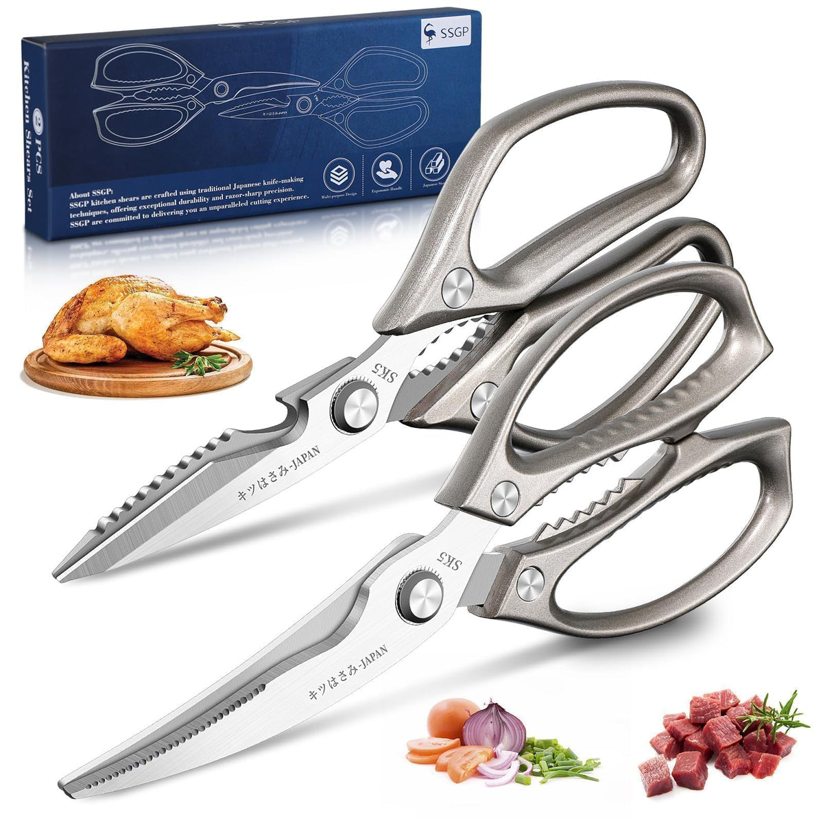 SSGP kitchen shears set blade closeup showing sharp, durable blades for versatile cutting.