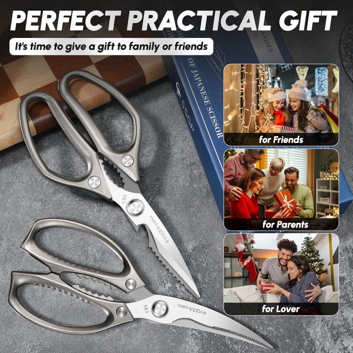 SSGP kitchen shears set holiday gift packaging ideal for Christmas.