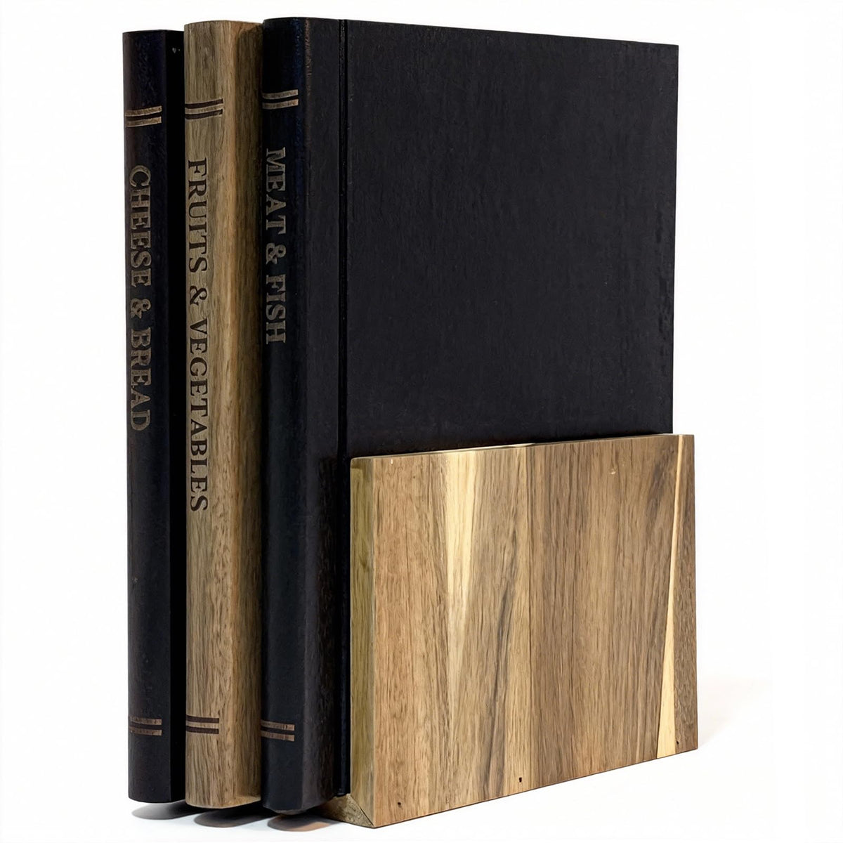 SSHIYEEY book cutting board set displays three spines labeled for meat, fruits, and cheese.