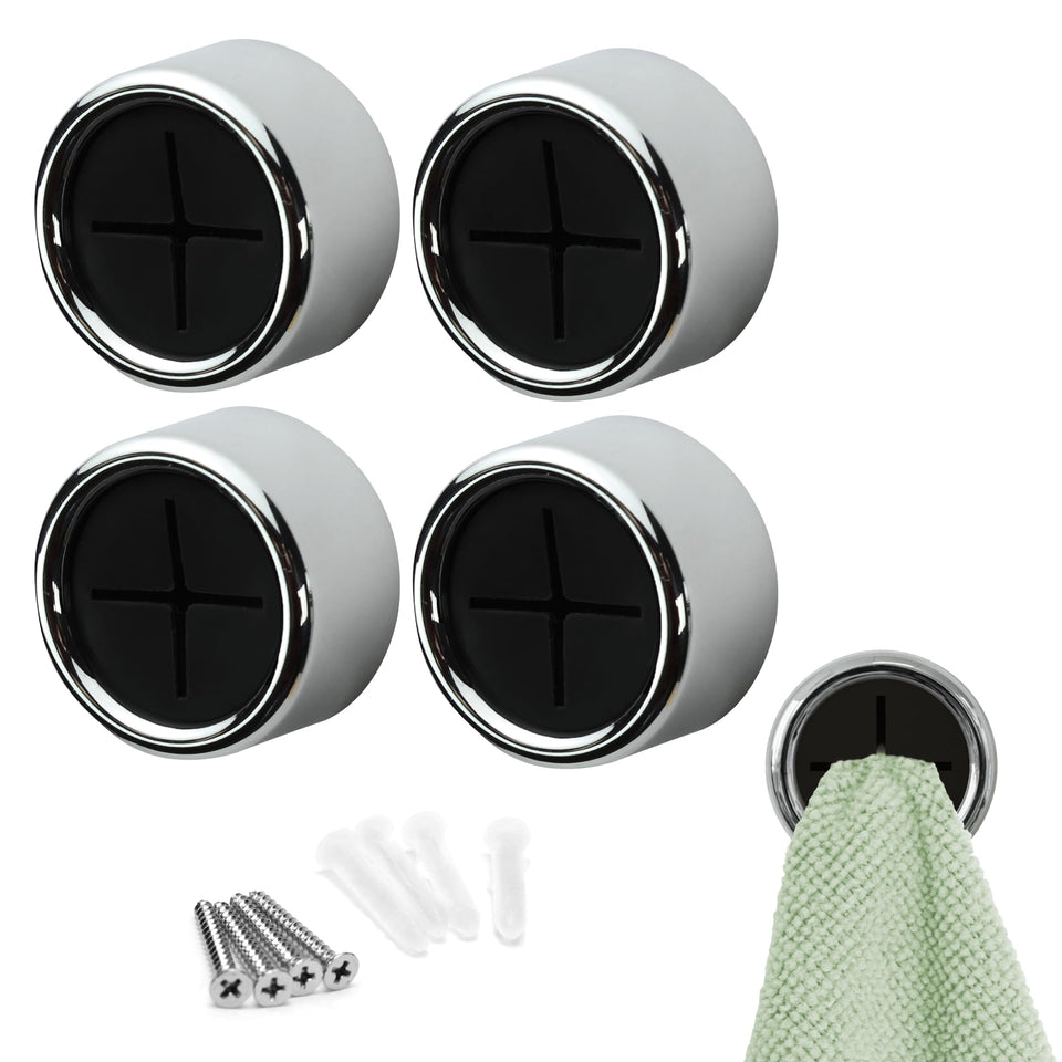 S&T INC round adhesive push towel hooks in black, four-pack for secure towel storage