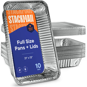 Stack Man 10-pack large steam pans with lids for bulk cooking and serving.