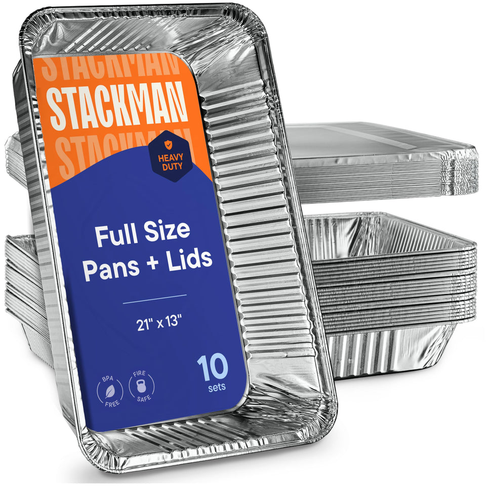 Stack Man 10-pack large steam pans with lids for bulk cooking and serving.