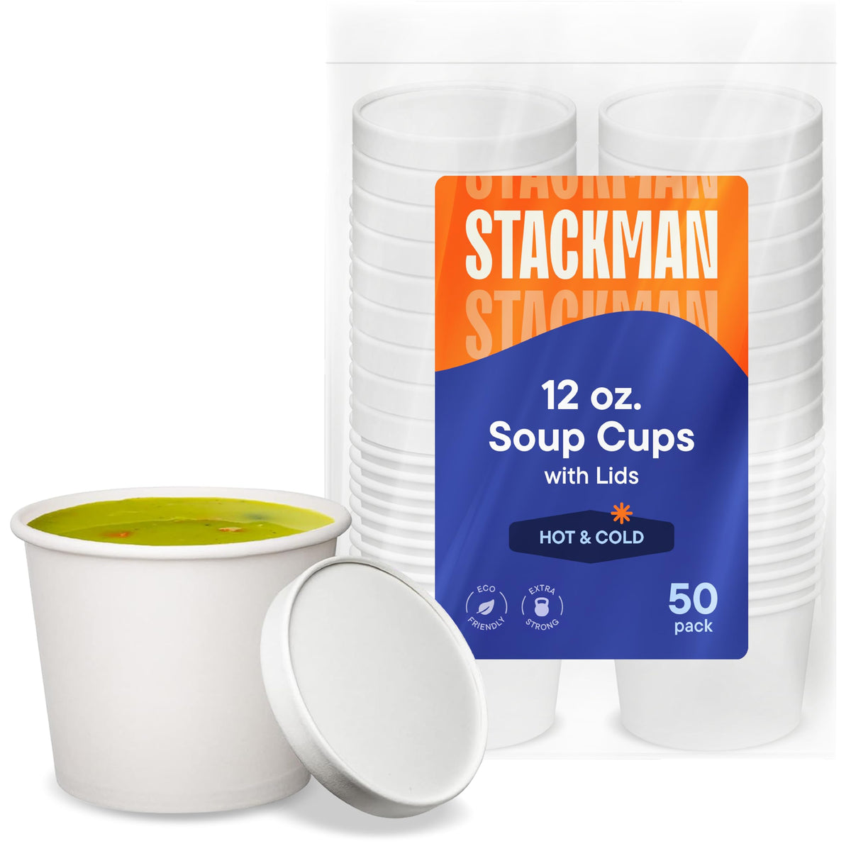 Stack Man 12 oz paper soup container with vented lid for hot takeout.