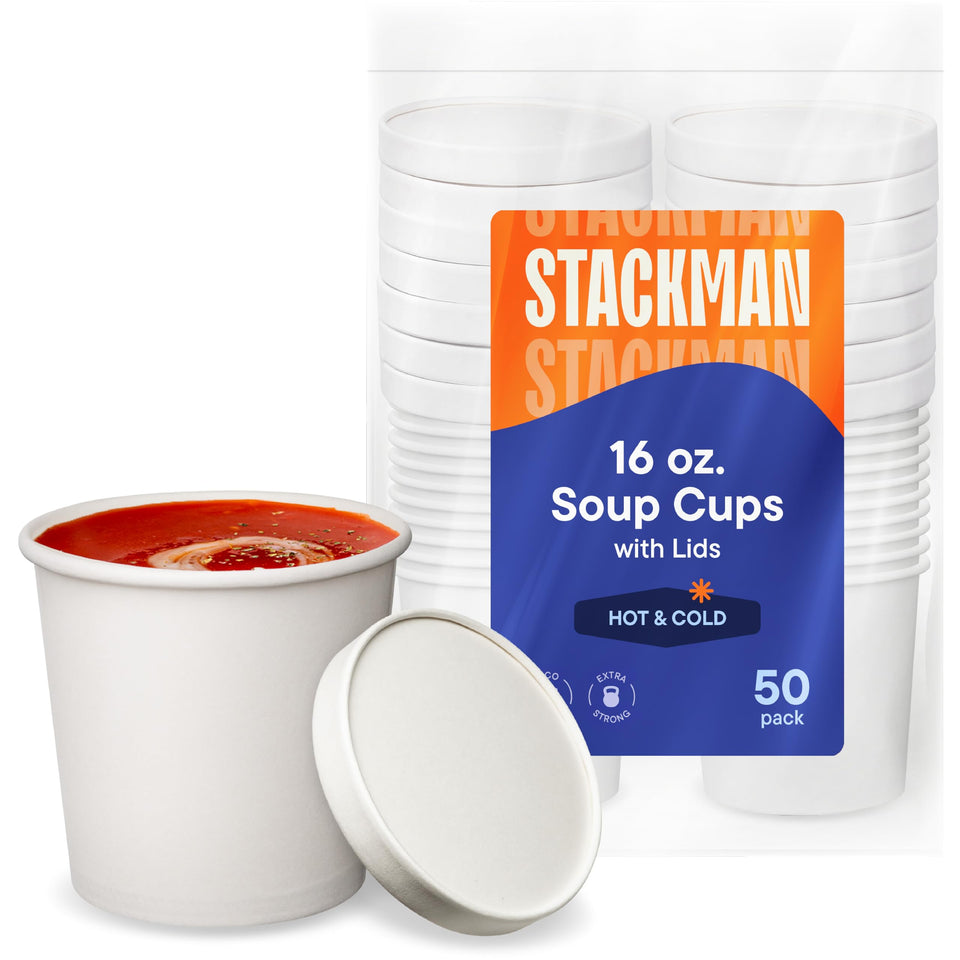 Stack Man 16oz paper soup container with lid for hot or cold takeout.