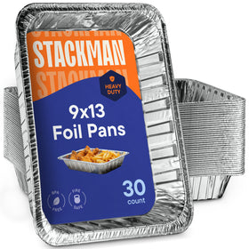 Stack Man 9x13 disposable aluminum pan filled with roasted vegetables, ideal for catering.