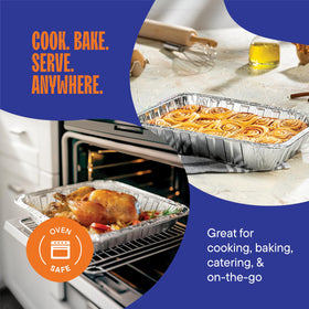 Stack Man full curl rim pan for easy coverage and transport.
