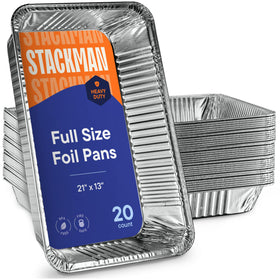 Stack Man full-size aluminum foil pans in a 20-pack, durable for roasting and serving.