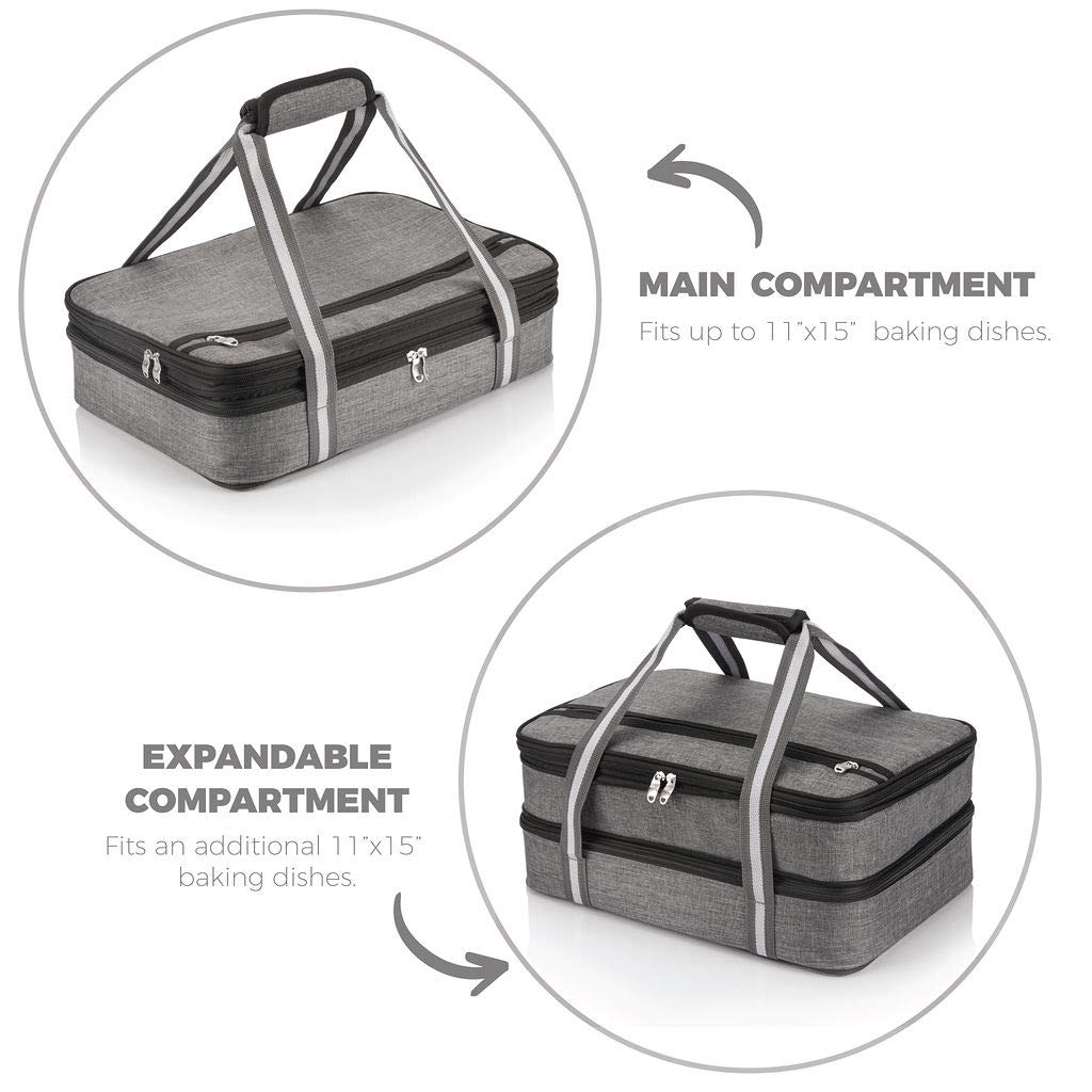 Carrier demonstrates capacity to hold 11x15 baking dishes for gatherings.